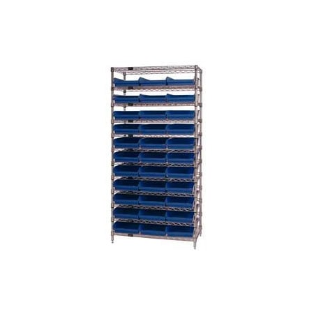 Global Equipment Chrome Wire Shelving with 33 4"H Plastic Shelf Bins Blue, 36x24x74 268979BL